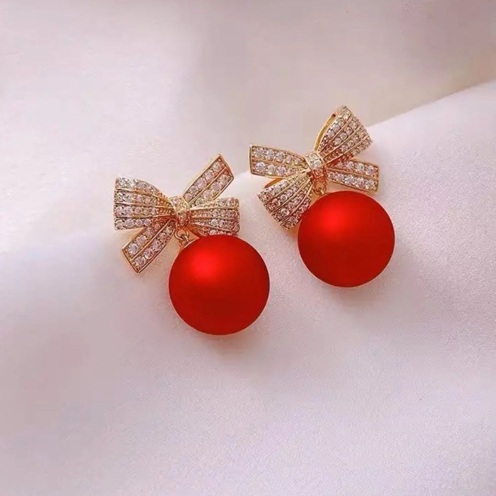 Faux Red Pearl & Inlaid Rhinestone Bow Gold Tone Earrings +Free Gift